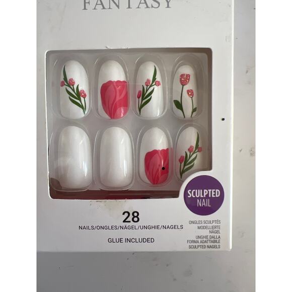 KISS VOGUISH FANTASY MEDIUM LENGTH GEL NAILS WHITE PINK TULIPS BRAND NEW - Picture 2 of 5